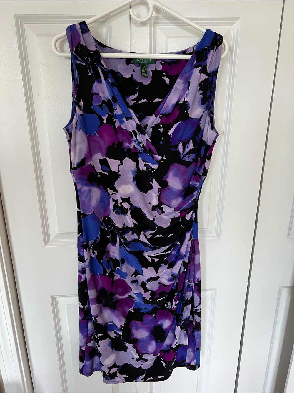 Ralph Lauren Purple, Blue and Black Floral Faux-Wrap Midi Dress